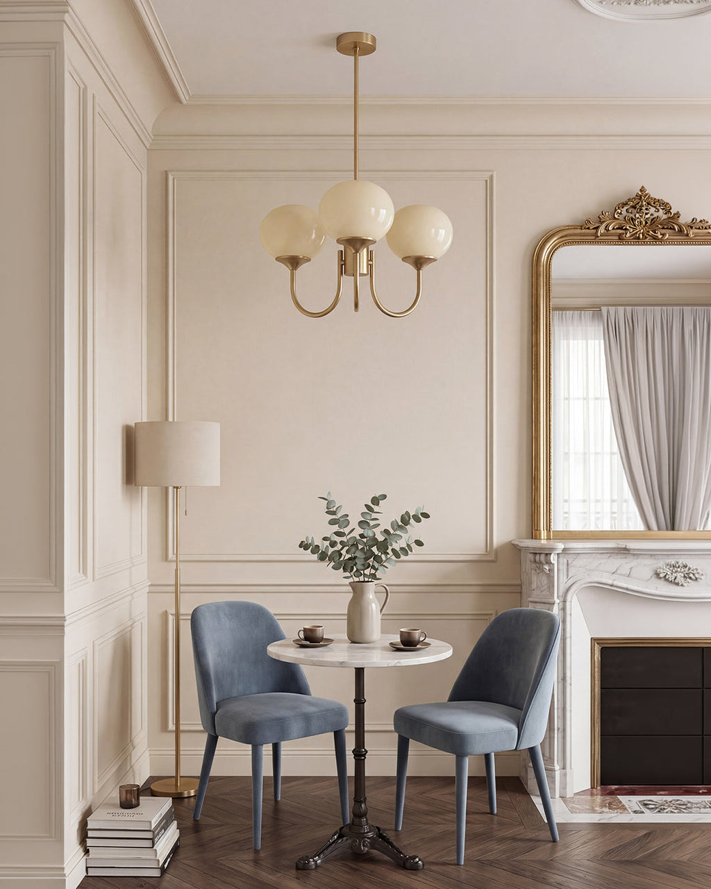 Mid-Century Glass Chandelier with Globe Shades and Polished Metal Finish | Available in Copper and Chrome with Colored Glass | 3 or 5 Arms with Adjustable Rod System - Lamylie