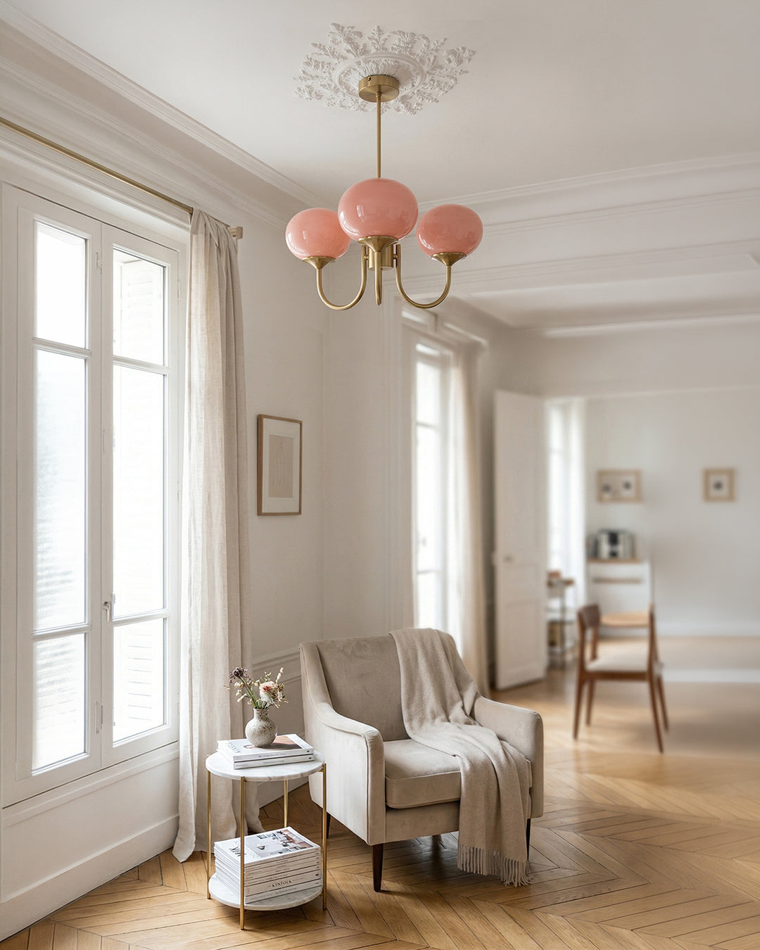 Mid-Century Glass Chandelier with Globe Shades and Polished Metal Finish | Available in Copper and Chrome with Colored Glass | 3 or 5 Arms with Adjustable Rod System - Lamylie