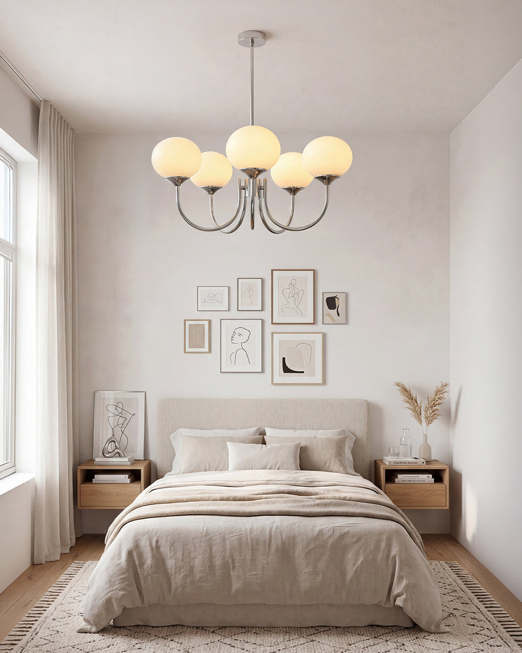 Mid-Century Glass Chandelier with Globe Shades and Polished Metal Finish | Available in Copper and Chrome with Colored Glass | 3 or 5 Arms with Adjustable Rod System - Lamylie