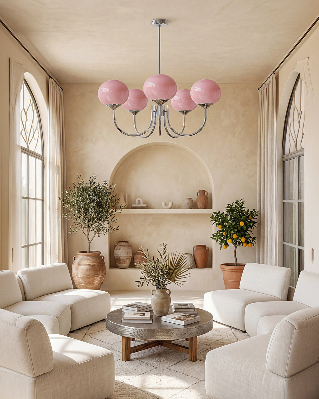 Mid-Century Glass Chandelier with Globe Shades and Polished Metal Finish | Available in Copper and Chrome with Colored Glass | 3 or 5 Arms with Adjustable Rod System - Lamylie