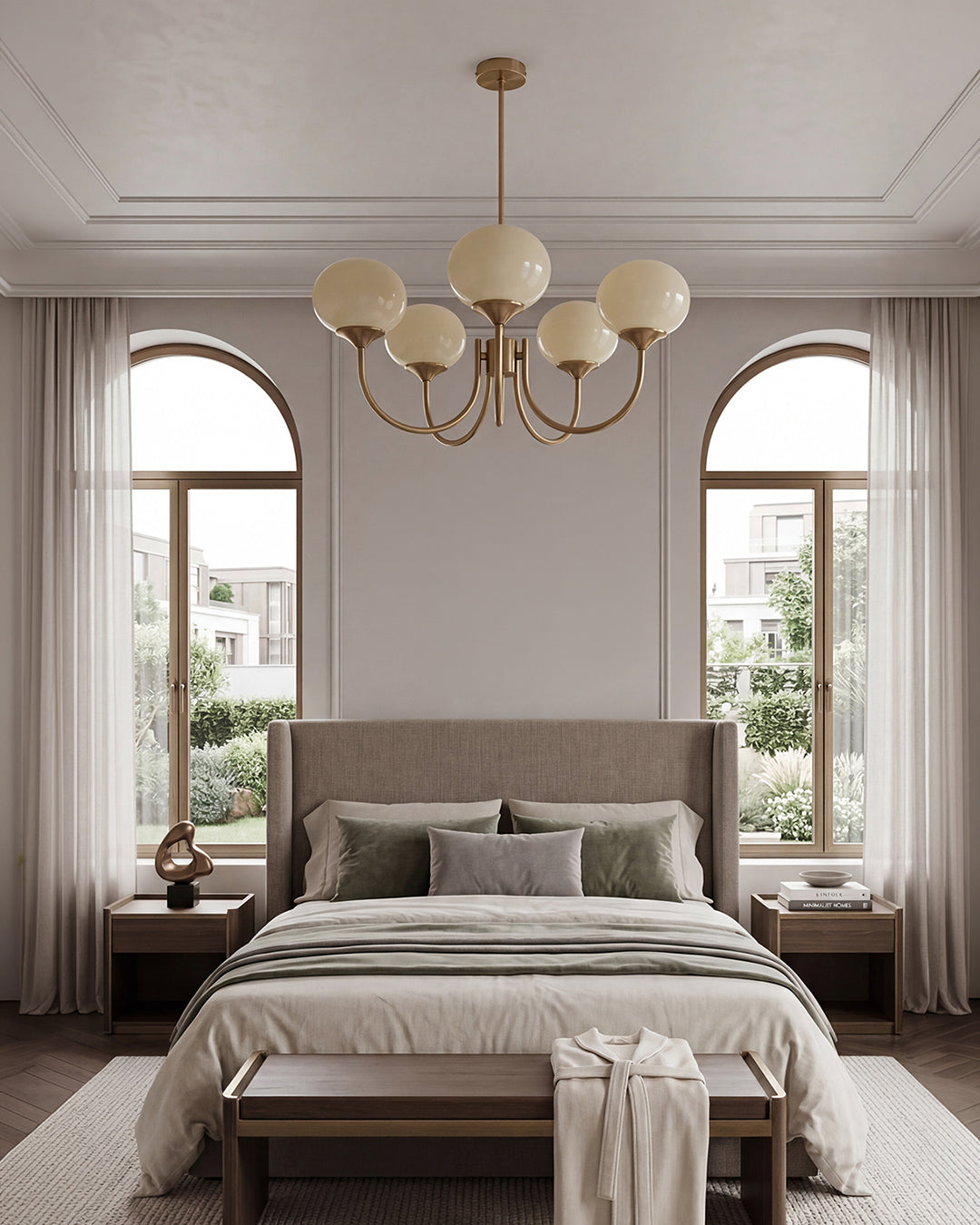 Mid-Century Glass Chandelier with Globe Shades and Polished Metal Finish | Available in Copper and Chrome with Colored Glass | 3 or 5 Arms with Adjustable Rod System - Lamylie