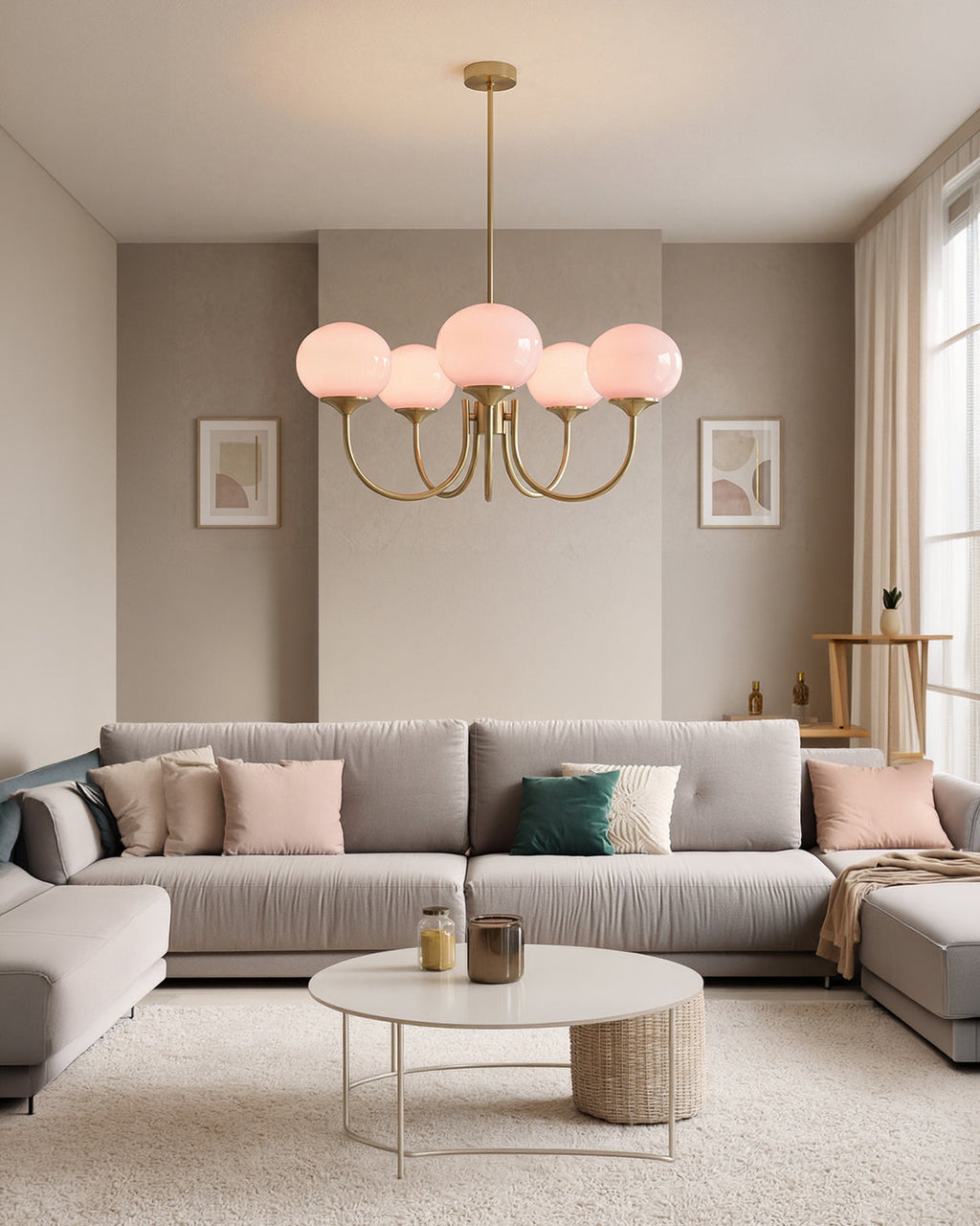 Mid-Century Glass Chandelier with Globe Shades and Polished Metal Finish | Available in Copper and Chrome with Colored Glass | 3 or 5 Arms with Adjustable Rod System - Lamylie