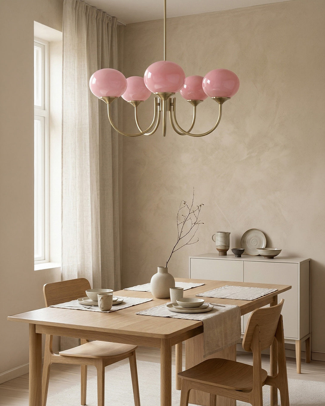 Mid-Century Glass Chandelier with Globe Shades and Polished Metal Finish | Available in Copper and Chrome with Colored Glass | 3 or 5 Arms with Adjustable Rod System - Lamylie