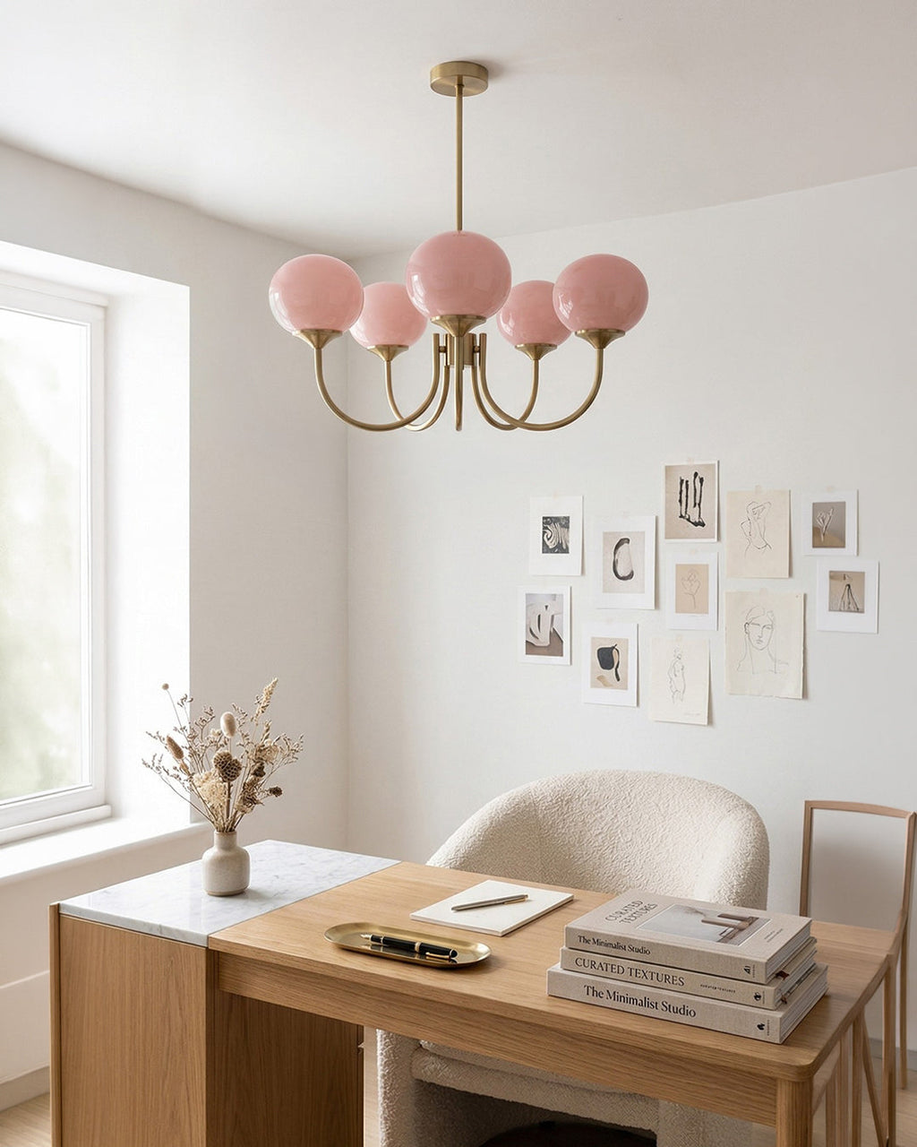 Mid-Century Glass Chandelier with Globe Shades and Polished Metal Finish | Available in Copper and Chrome with Colored Glass | 3 or 5 Arms with Adjustable Rod System - Lamylie