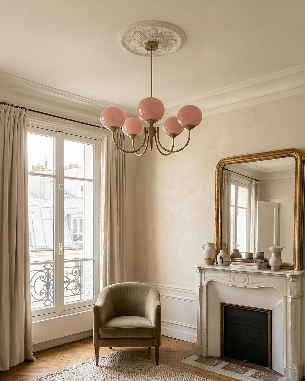 Mid-Century Glass Chandelier with Globe Shades and Polished Metal Finish | Available in Copper and Chrome with Colored Glass | 3 or 5 Arms with Adjustable Rod System - Lamylie