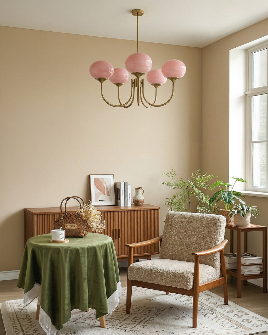 Mid-Century Glass Chandelier with Globe Shades and Polished Metal Finish | Available in Copper and Chrome with Colored Glass | 3 or 5 Arms with Adjustable Rod System - Lamylie