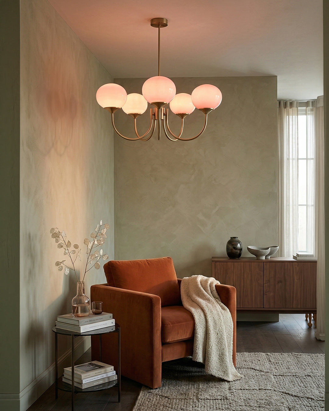 Mid-Century Glass Chandelier with Globe Shades and Polished Metal Finish | Available in Copper and Chrome with Colored Glass | 3 or 5 Arms with Adjustable Rod System - Lamylie