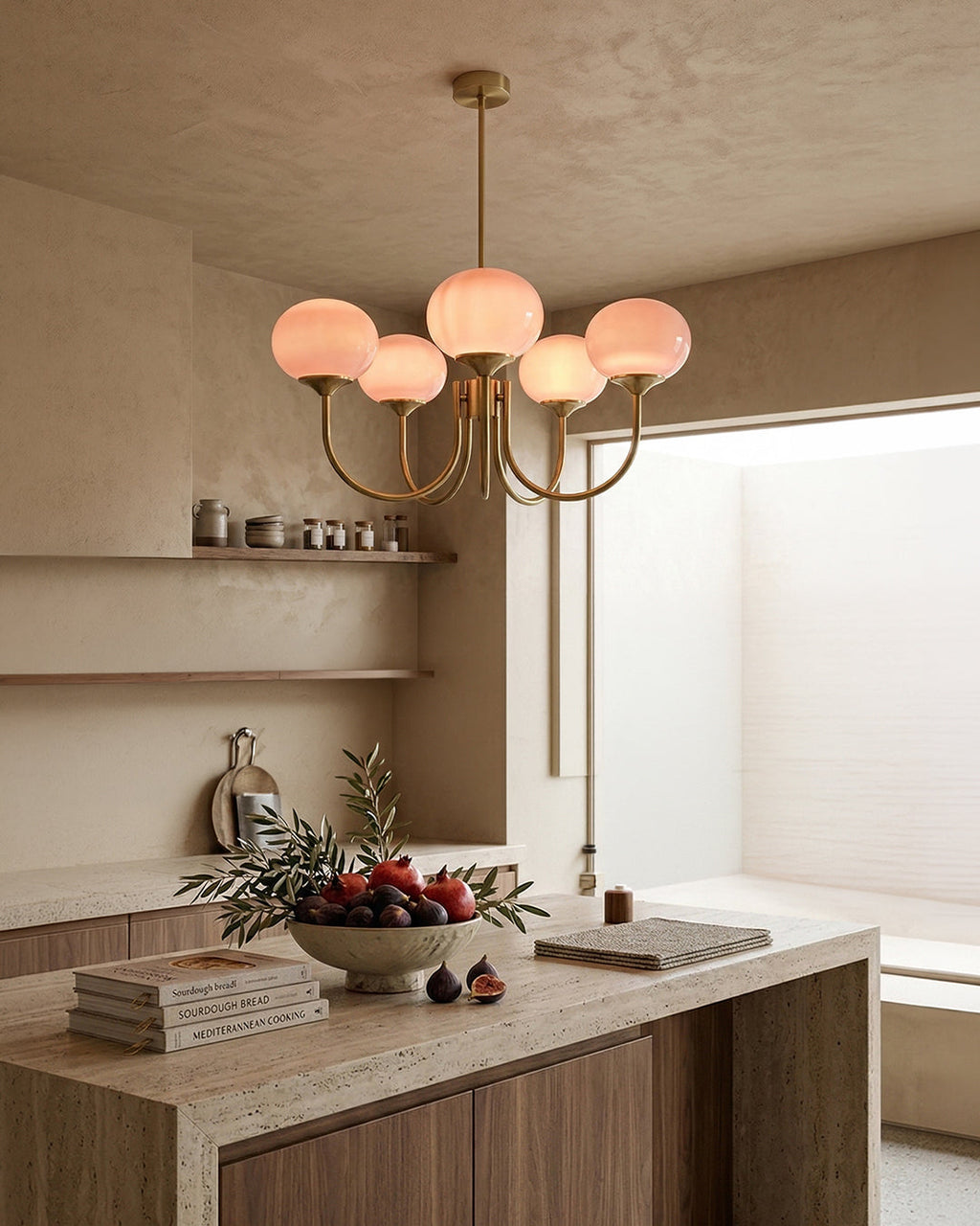 Mid-Century Glass Chandelier with Globe Shades and Polished Metal Finish | Available in Copper and Chrome with Colored Glass | 3 or 5 Arms with Adjustable Rod System - Lamylie