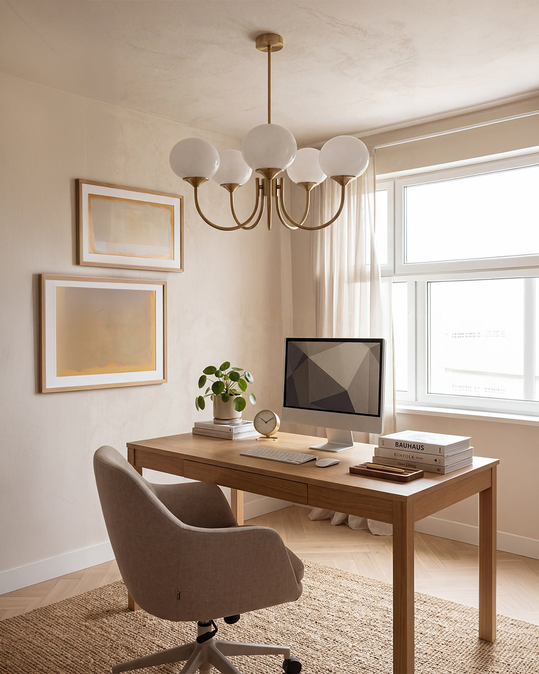 Mid-Century Glass Chandelier with Globe Shades and Polished Metal Finish | Available in Copper and Chrome with Colored Glass | 3 or 5 Arms with Adjustable Rod System - Lamylie