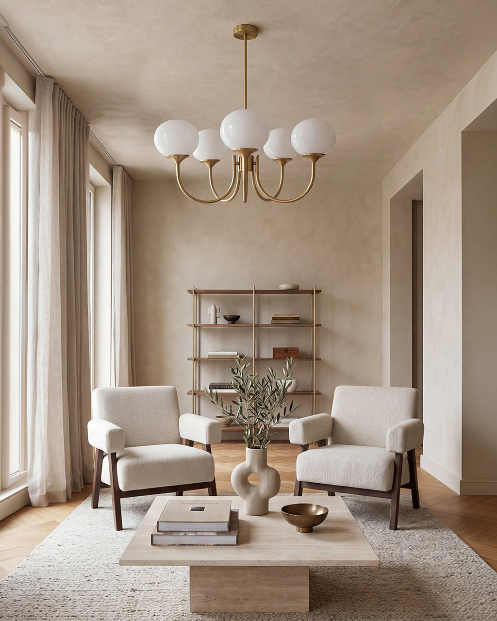 Mid-Century Glass Chandelier with Globe Shades and Polished Metal Finish | Available in Copper and Chrome with Colored Glass | 3 or 5 Arms with Adjustable Rod System - Lamylie