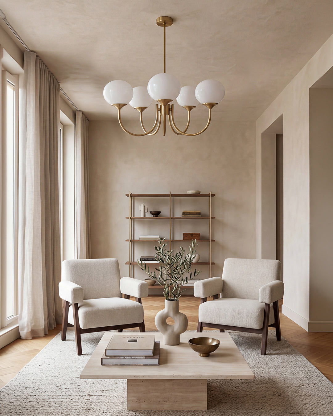 Mid-Century Glass Chandelier with Globe Shades and Polished Metal Finish | Available in Copper and Chrome with Colored Glass | 3 or 5 Arms with Adjustable Rod System - Lamylie