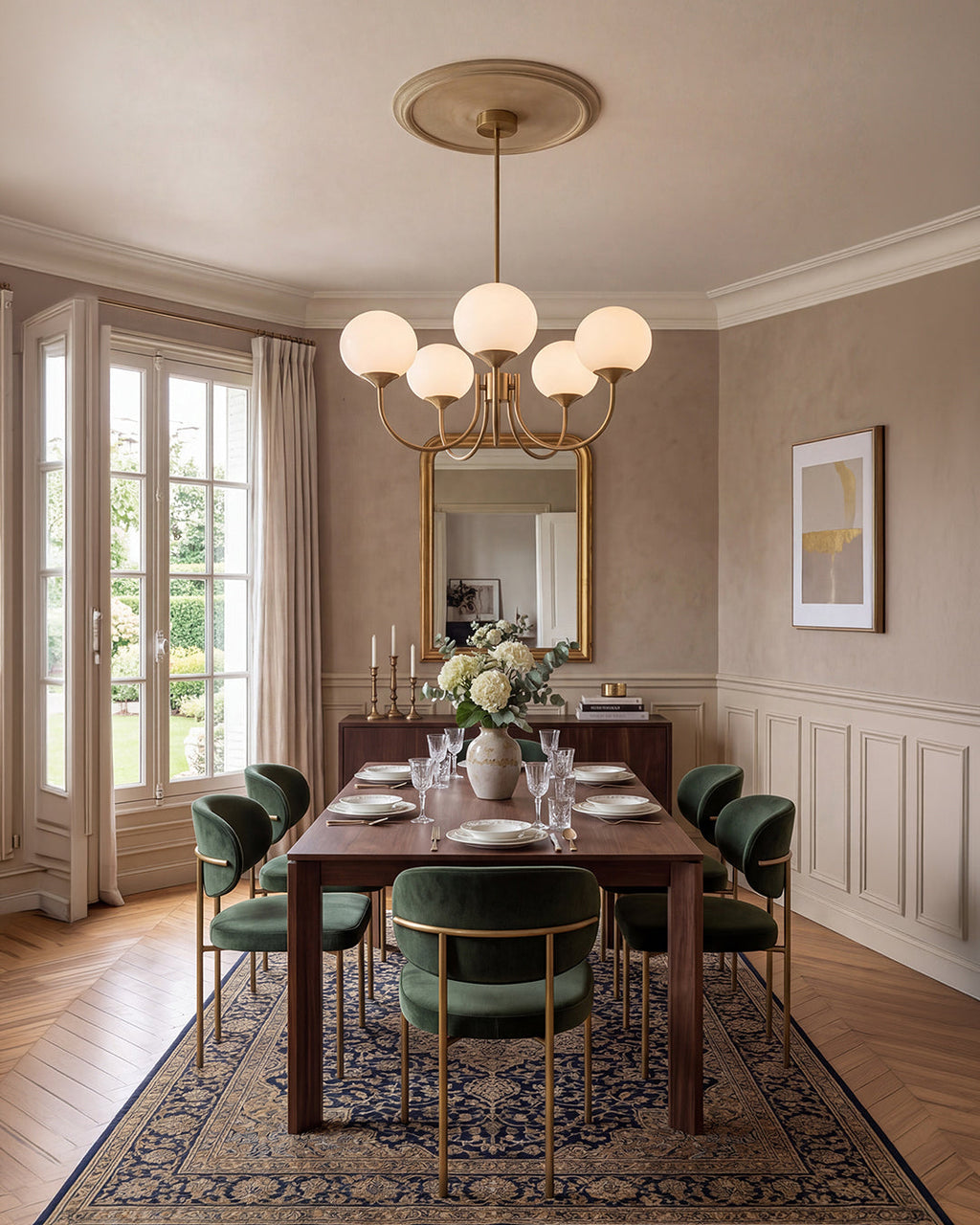 Mid-Century Glass Chandelier with Globe Shades and Polished Metal Finish | Available in Copper and Chrome with Colored Glass | 3 or 5 Arms with Adjustable Rod System - Lamylie
