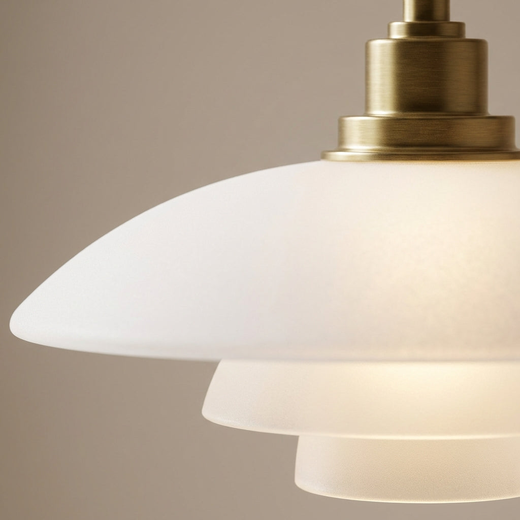 Nordell skandinávská závěsná lampa — skleněná a kovová konstrukce, stolní stojan, směrované světlo dolů
