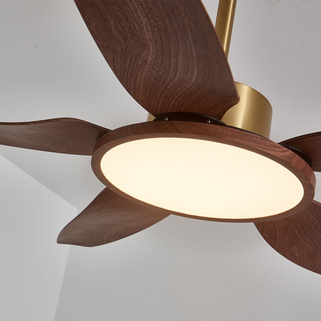 Ceiling fan with lighting walnut brass modern design 3 speeds remote control LED integrated 35W dimmable oak steel luxury Scandinavian indoor use living room bedroom fan with lampshade ventilation cooling - Lamylie