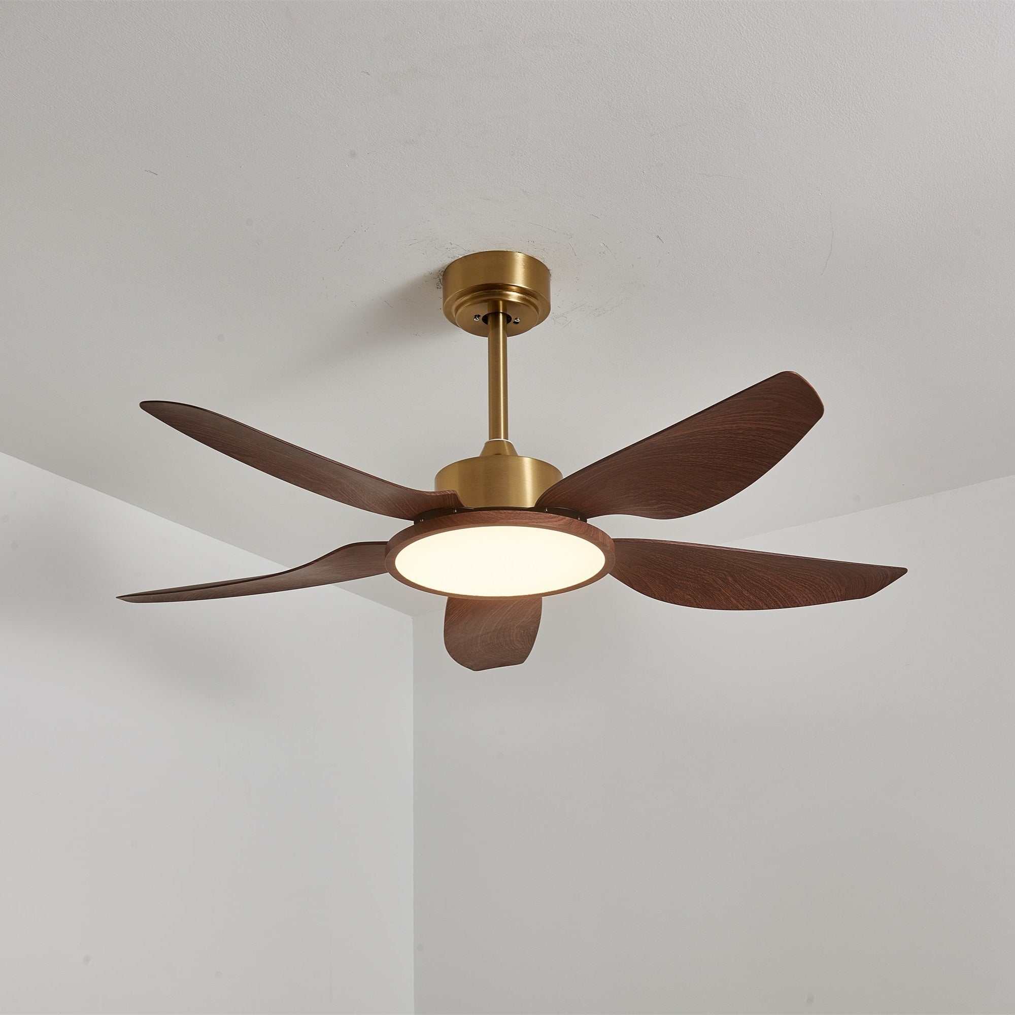 Ceiling fan with lighting walnut brass modern design 3 speeds remote control LED integrated 35W dimmable oak steel luxury Scandinavian indoor use living room bedroom fan with lampshade ventilation cooling - Lamylie