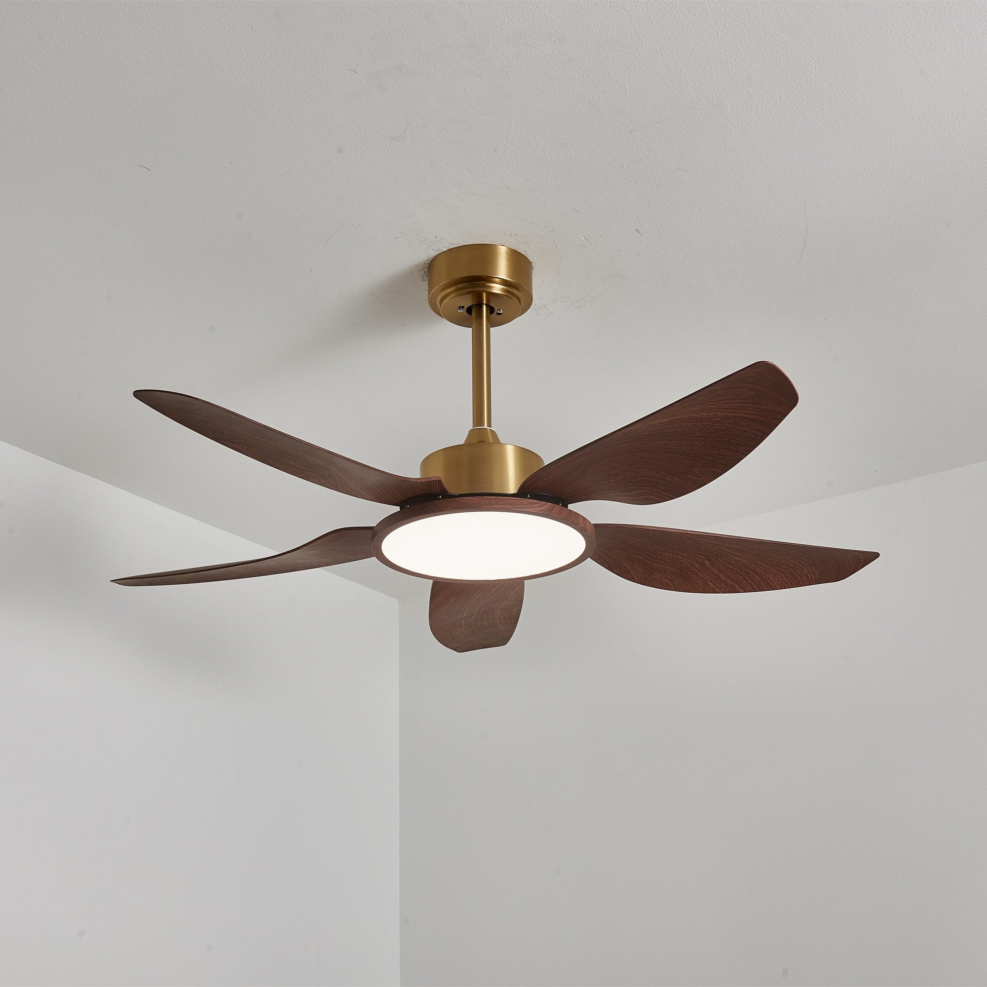 Ceiling fan with lighting walnut brass modern design 3 speeds remote control LED integrated 35W dimmable oak steel luxury Scandinavian indoor use living room bedroom fan with lampshade ventilation cooling - Lamylie