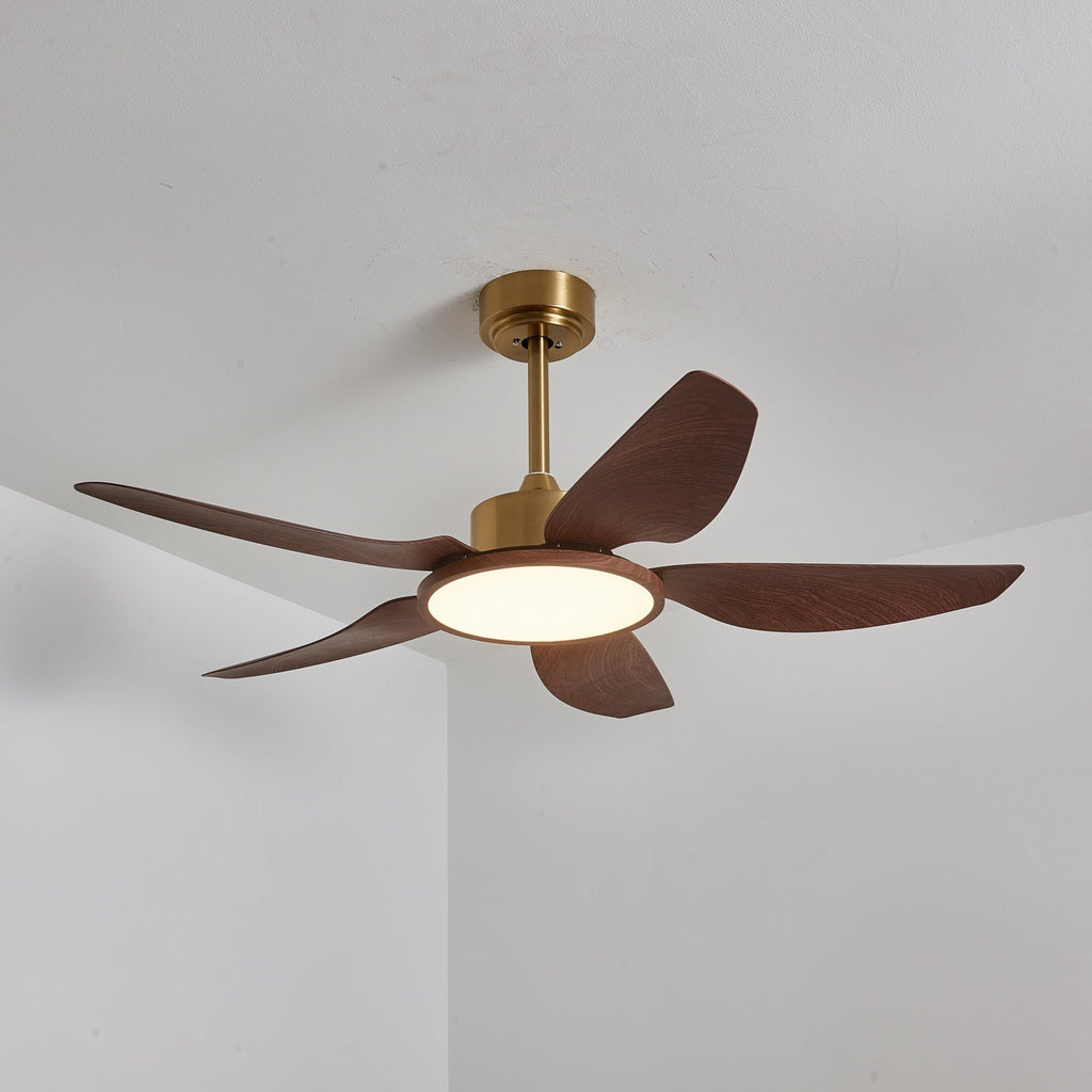 Ceiling fan with lighting walnut brass modern design 3 speeds remote control LED integrated 35W dimmable oak steel luxury Scandinavian indoor use living room bedroom fan with lampshade ventilation cooling - Lamylie