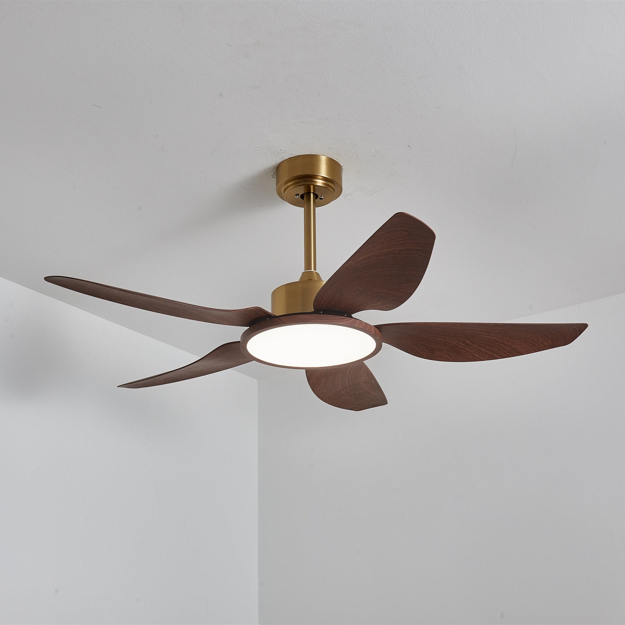 Ceiling fan with lighting walnut brass modern design 3 speeds remote control LED integrated 35W dimmable oak steel luxury Scandinavian indoor use living room bedroom fan with lampshade ventilation cooling - Lamylie