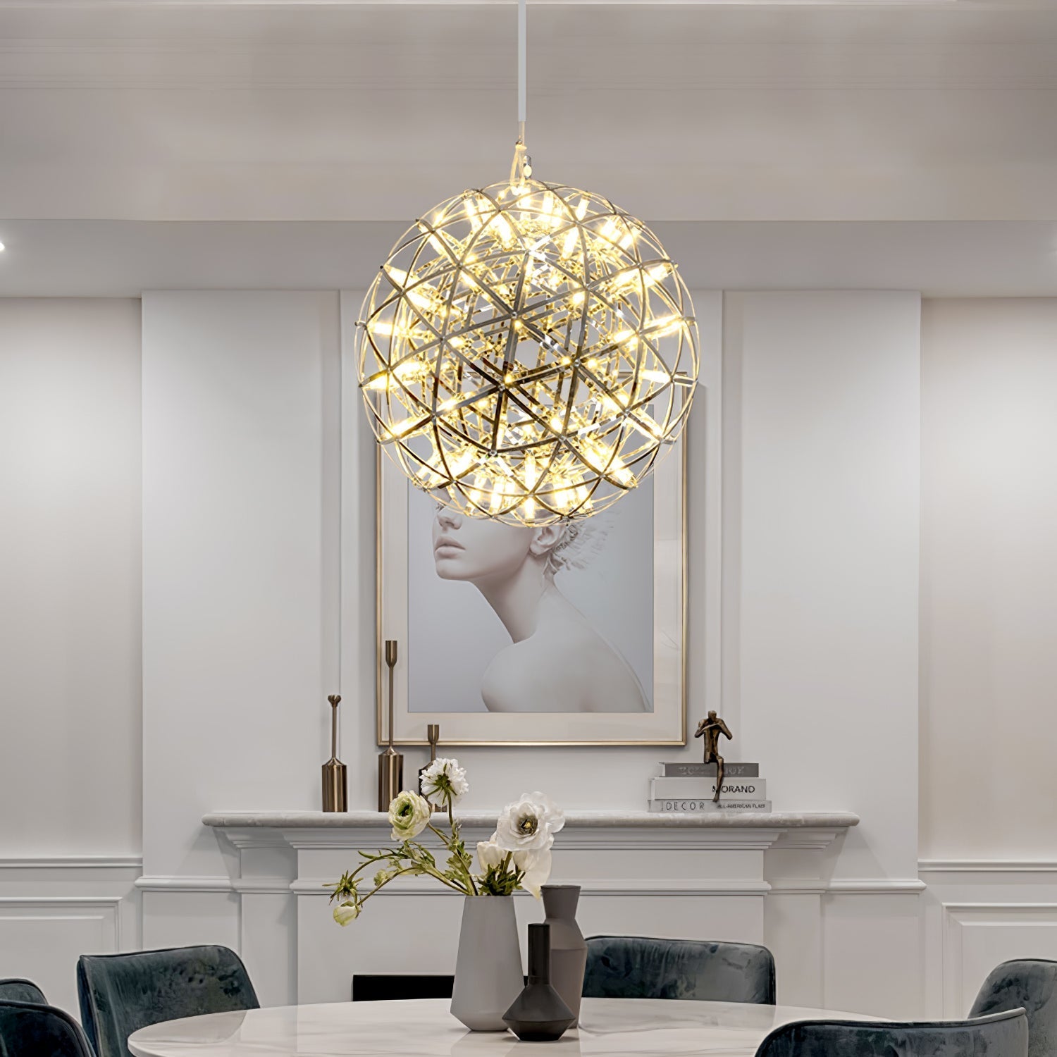 LED-hanglamp Zilveren Globe Sfeerverlichting Moderne Lamp Globe met Dimbare Lichtpunten Transparante Kristallen Globe Decoratief Scandinavisch Warmwit Industrieel Design Interieurlamp - Lamylie
