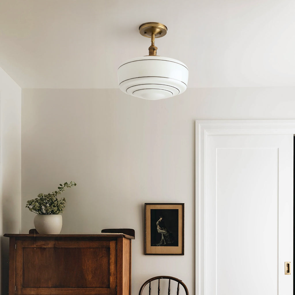 Round Ceiling Lamp with Striped Glass Shade and Brass Fitting | Scandinavian Flush Mount Lighting - Lamylie