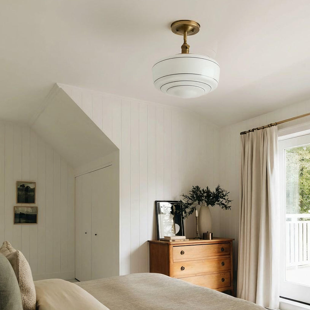 Round Ceiling Lamp with Striped Glass Shade and Brass Fitting | Scandinavian Flush Mount Lighting - Lamylie