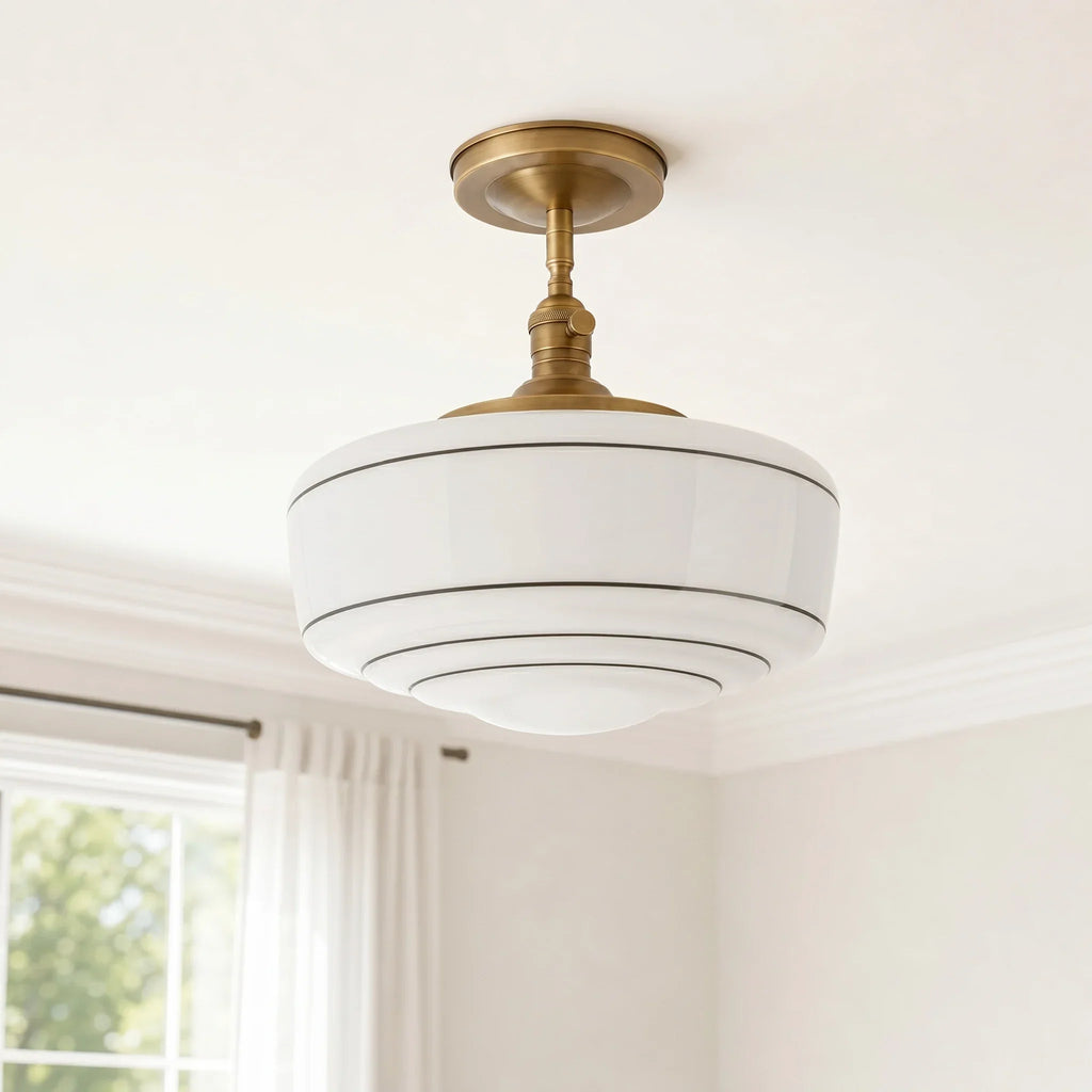 Round Ceiling Lamp with Striped Glass Shade and Brass Fitting | Scandinavian Flush Mount Lighting - Lamylie