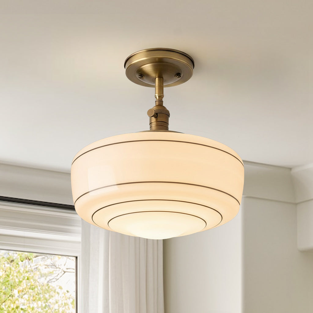 Round Ceiling Lamp with Striped Glass Shade and Brass Fitting | Scandinavian Flush Mount Lighting - Lamylie