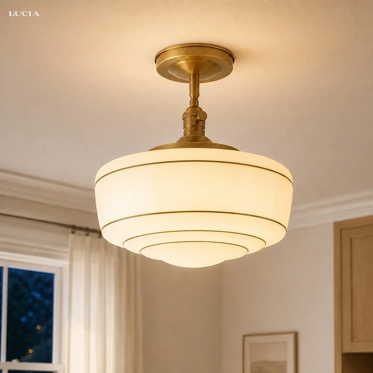 Round Ceiling Lamp with Striped Glass Shade and Brass Fitting | Scandinavian Flush Mount Lighting - Lamylie