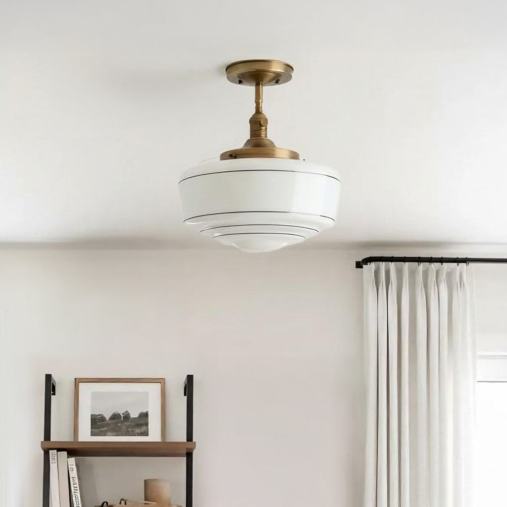 Round Ceiling Lamp with Striped Glass Shade and Brass Fitting | Scandinavian Flush Mount Lighting - Lamylie