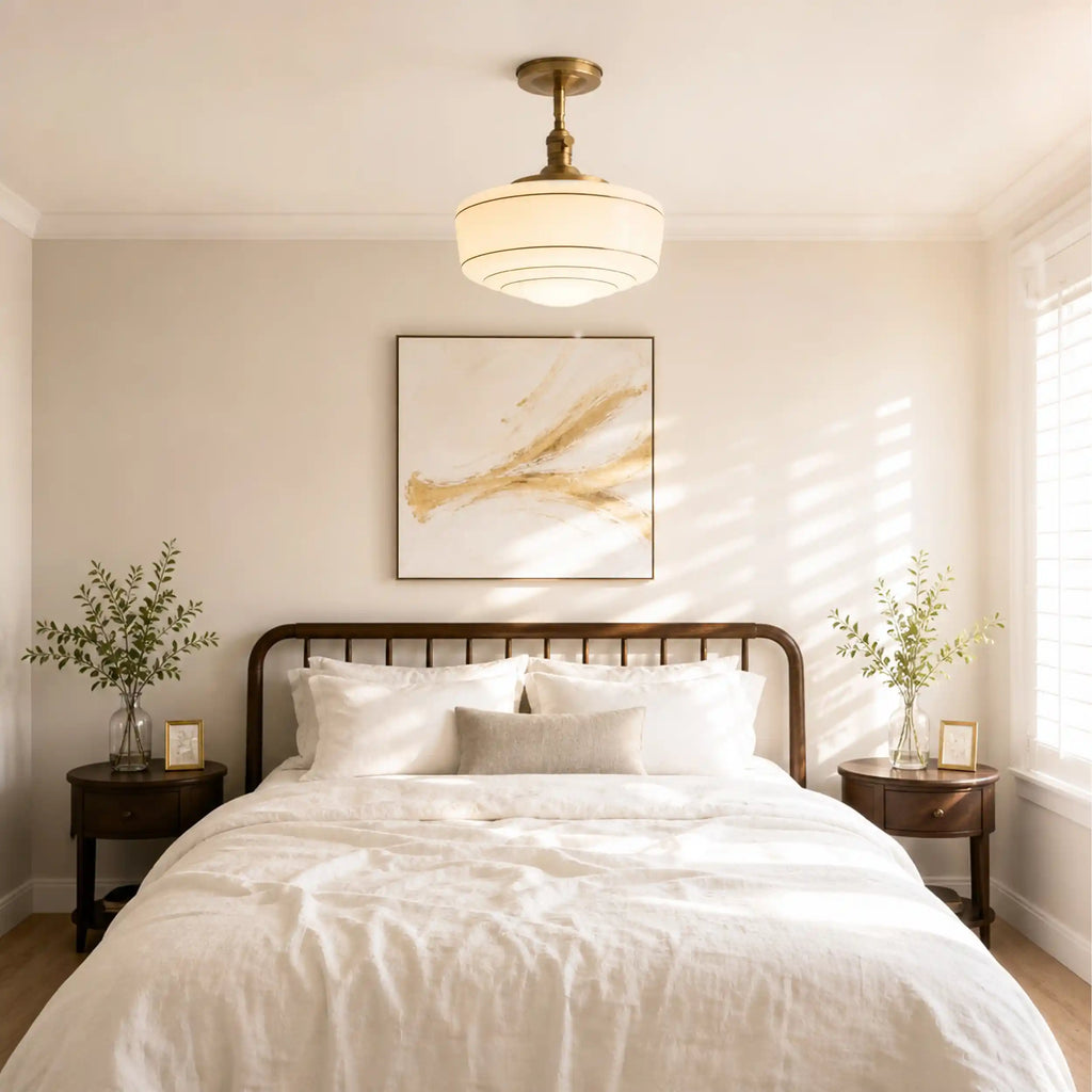 Round Ceiling Lamp with Striped Glass Shade and Brass Fitting | Scandinavian Flush Mount Lighting - Lamylie