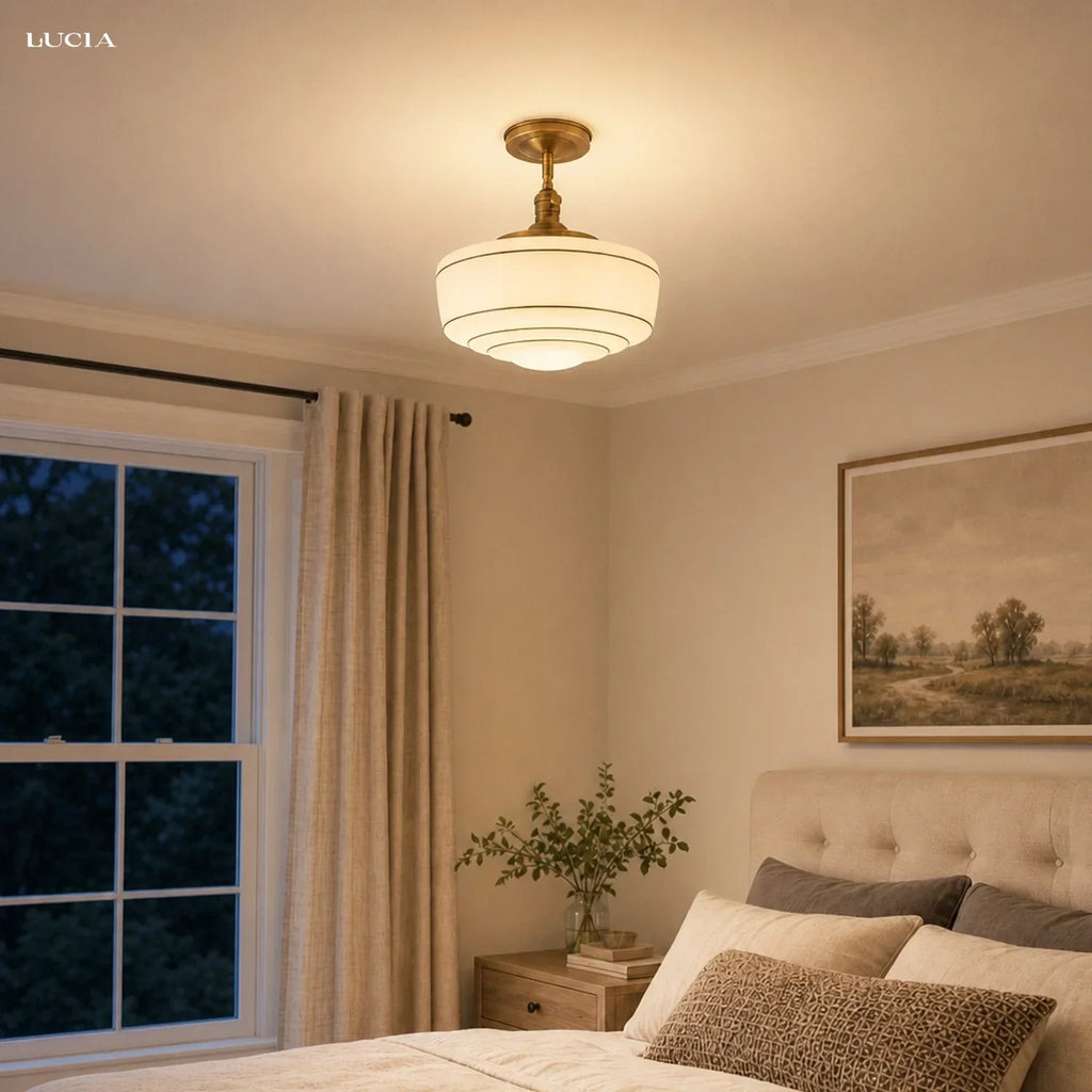 Round Ceiling Lamp with Striped Glass Shade and Brass Fitting | Scandinavian Flush Mount Lighting - Lamylie