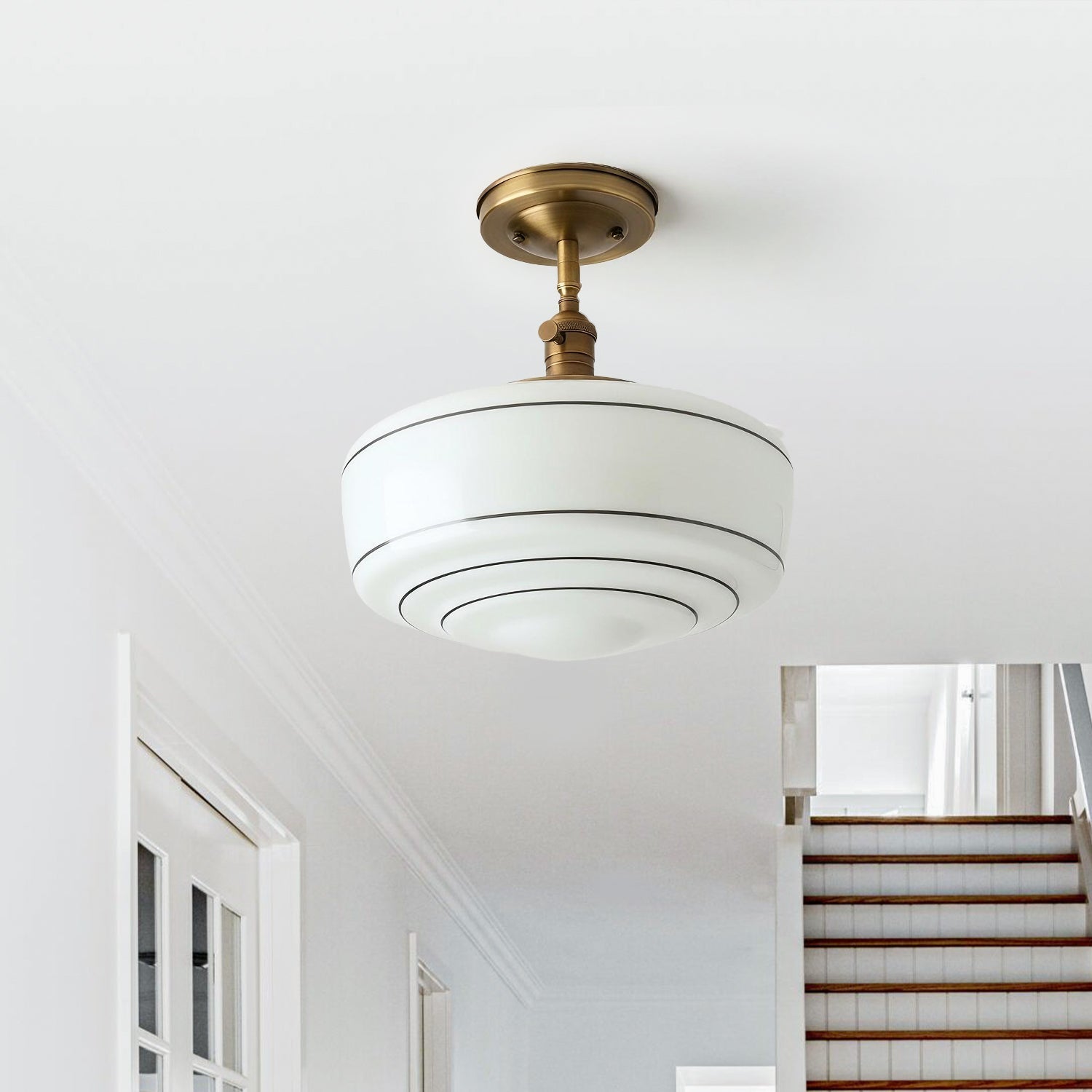 Round Ceiling Lamp with Striped Glass Shade and Brass Fitting | Scandinavian Flush Mount Lighting - Lamylie