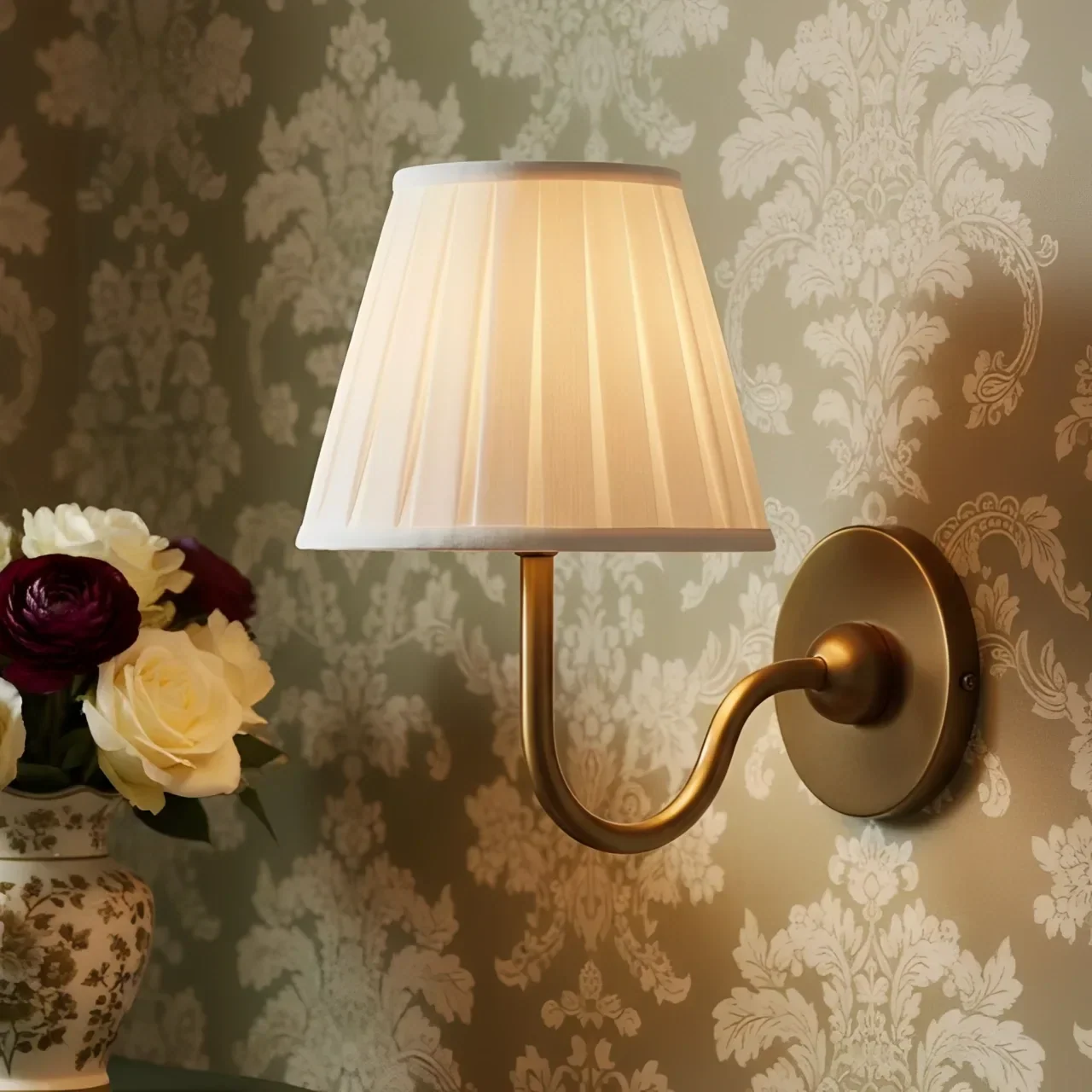 Vegglampe med plissert skjerm | Klassisk veggbelysning i metall og lin til rustikt soverom, gang, lesekrok og hjem – Lamylie