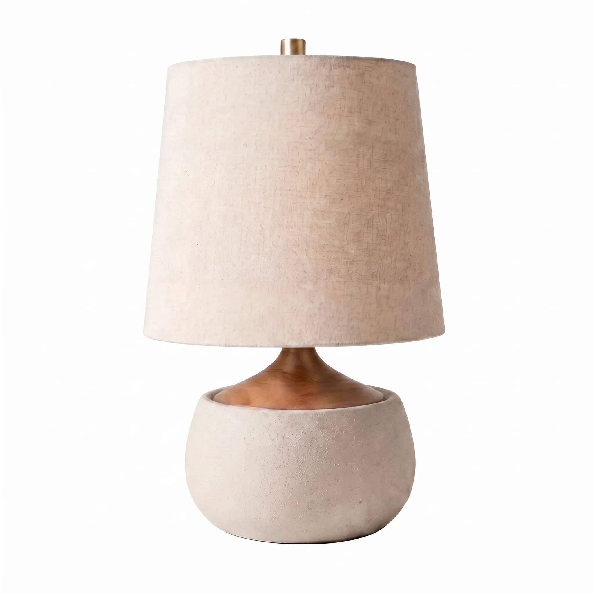 Stolní lampa s dřevěnou základnou, lněným stínidlem a válcem v cementovém vzhledu | Moderní design – Lamylie