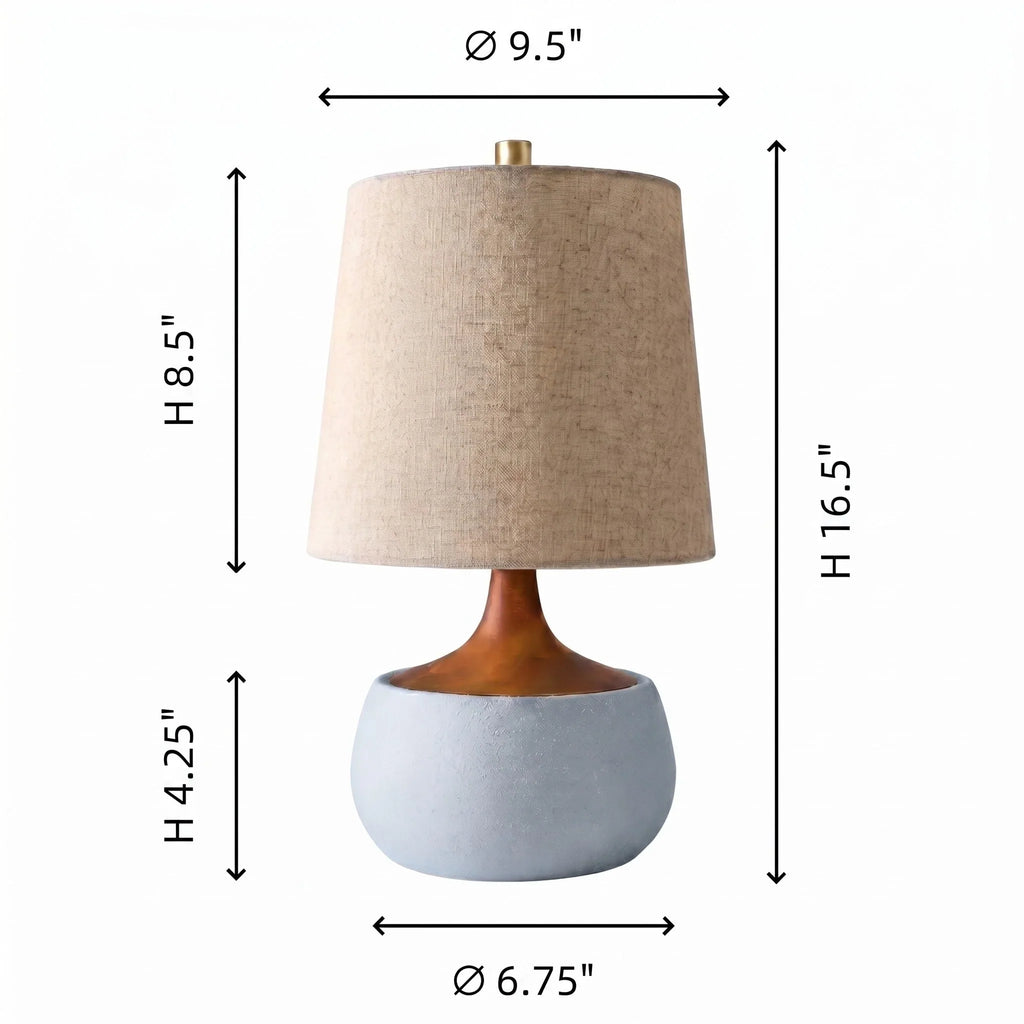 Stolní lampa s dřevěnou základnou, lněným stínidlem a válcem v cementovém vzhledu | Moderní design – Lamylie