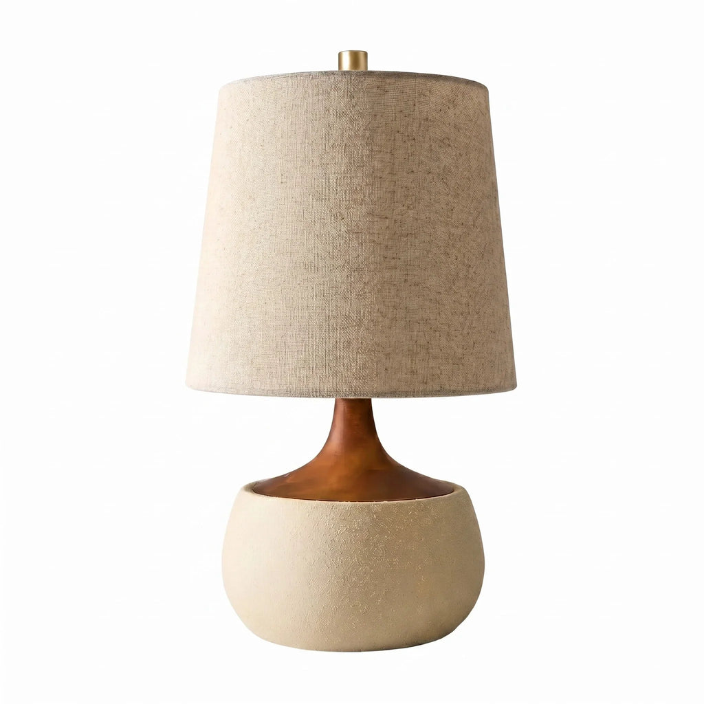 Stolní lampa s dřevěnou základnou, lněným stínidlem a válcem v cementovém vzhledu | Moderní design – Lamylie