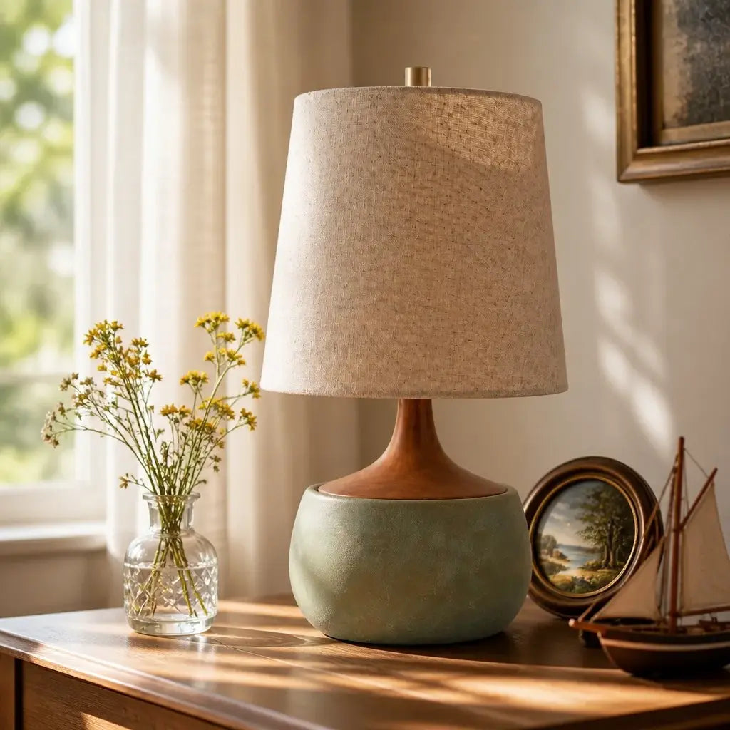 Stolní lampa s dřevěnou základnou, lněným stínidlem a válcem v cementovém vzhledu | Moderní design – Lamylie