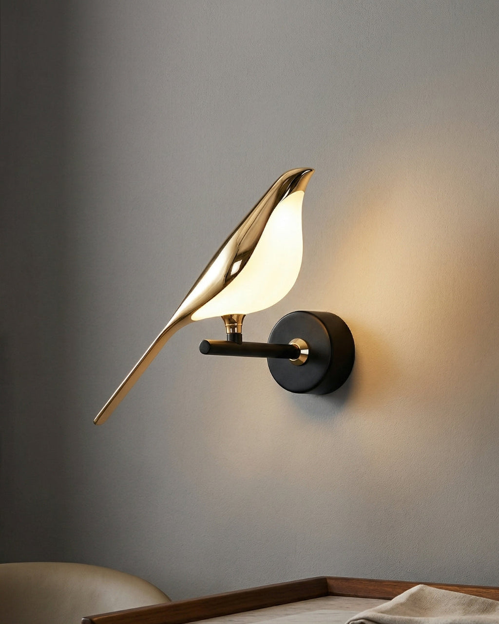 Bird Wall Lamp - Modern Sculptural Lighting with Natural Shapes - Frosted Glass Diffuse Light - Gold Finish - Lamylie