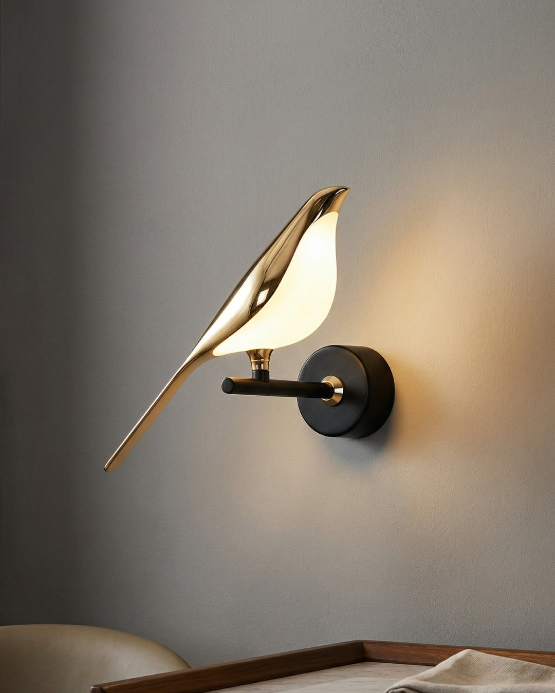 Bird Wall Lamp - Modern Sculptural Lighting with Natural Shapes - Frosted Glass Diffuse Light - Gold Finish - Lamylie