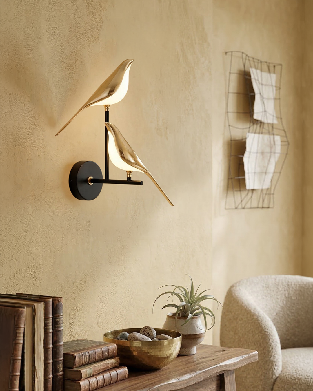 Bird Wall Lamp - Modern Sculptural Lighting with Natural Shapes - Frosted Glass Diffuse Light - Gold Finish - Lamylie