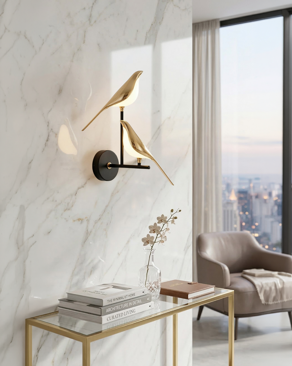 Bird Wall Lamp - Modern Sculptural Lighting with Natural Shapes - Frosted Glass Diffuse Light - Gold Finish - Lamylie