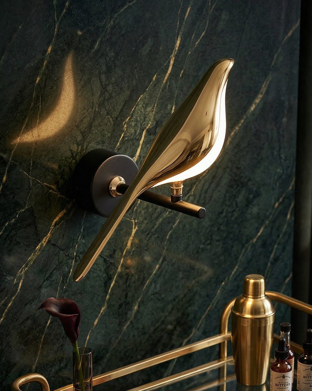 Bird Wall Lamp - Modern Sculptural Lighting with Natural Shapes - Frosted Glass Diffuse Light - Gold Finish - Lamylie