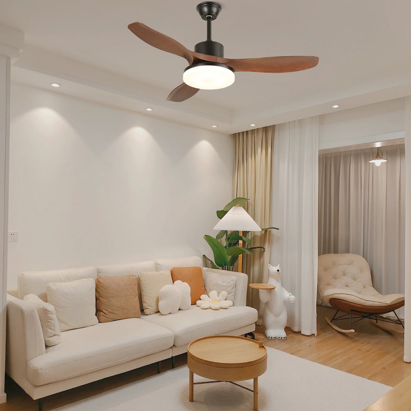 Ventilatore da soffitto moderno con illuminazione minimalista Darian con finitura effetto legno | Design scandinavo Ø126-132cm - Lamylie