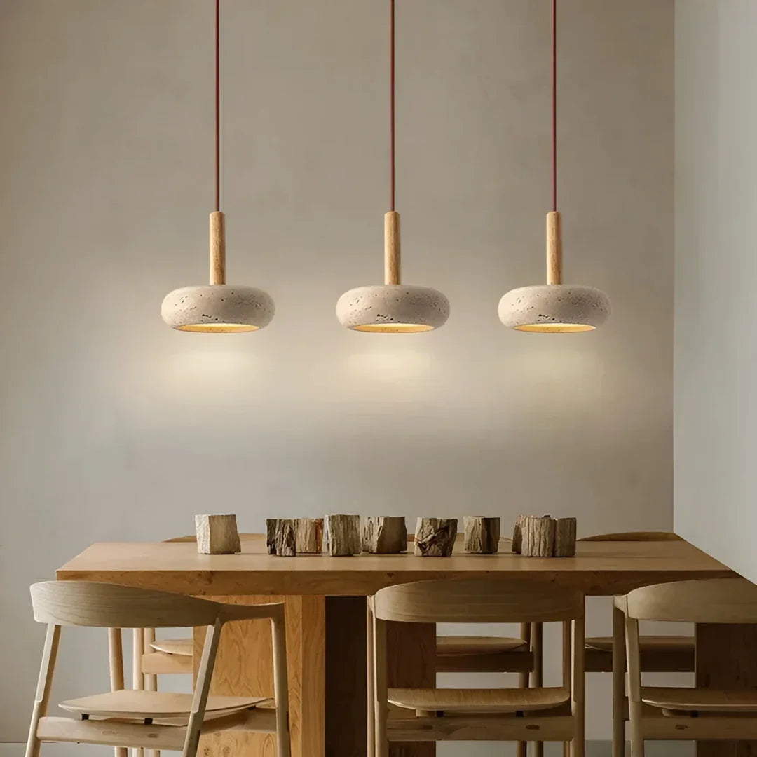 Travertine Hanging Light with Wooden Accent – Adjustable Cord, Warm Glow - Lamylie