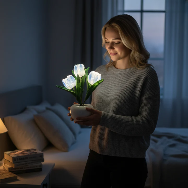 Tulip LED Desk Lamp in Ceramic Vase – Warm Ambient Light - Lamylie