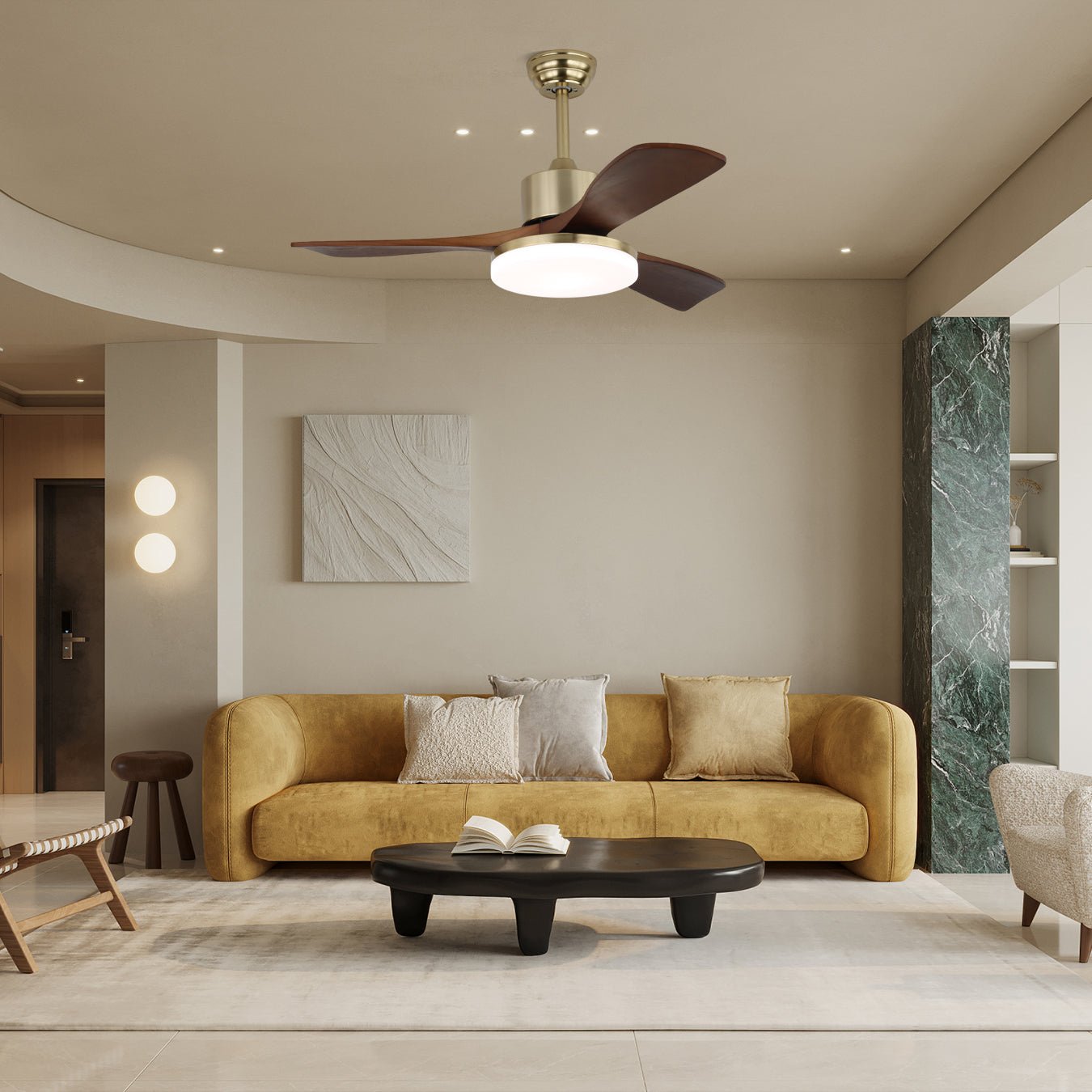 Ventilator de tavan Selora cu iluminare | Alamă și lemn | Design modern cu telecomandă | 6 viteze | LED de 48 W cu intensitate reglabilă | Ø106 cm sau Ø132 cm | Lampă de tavan de lux și sistem de răcire | Include telecomandă - Lamylie