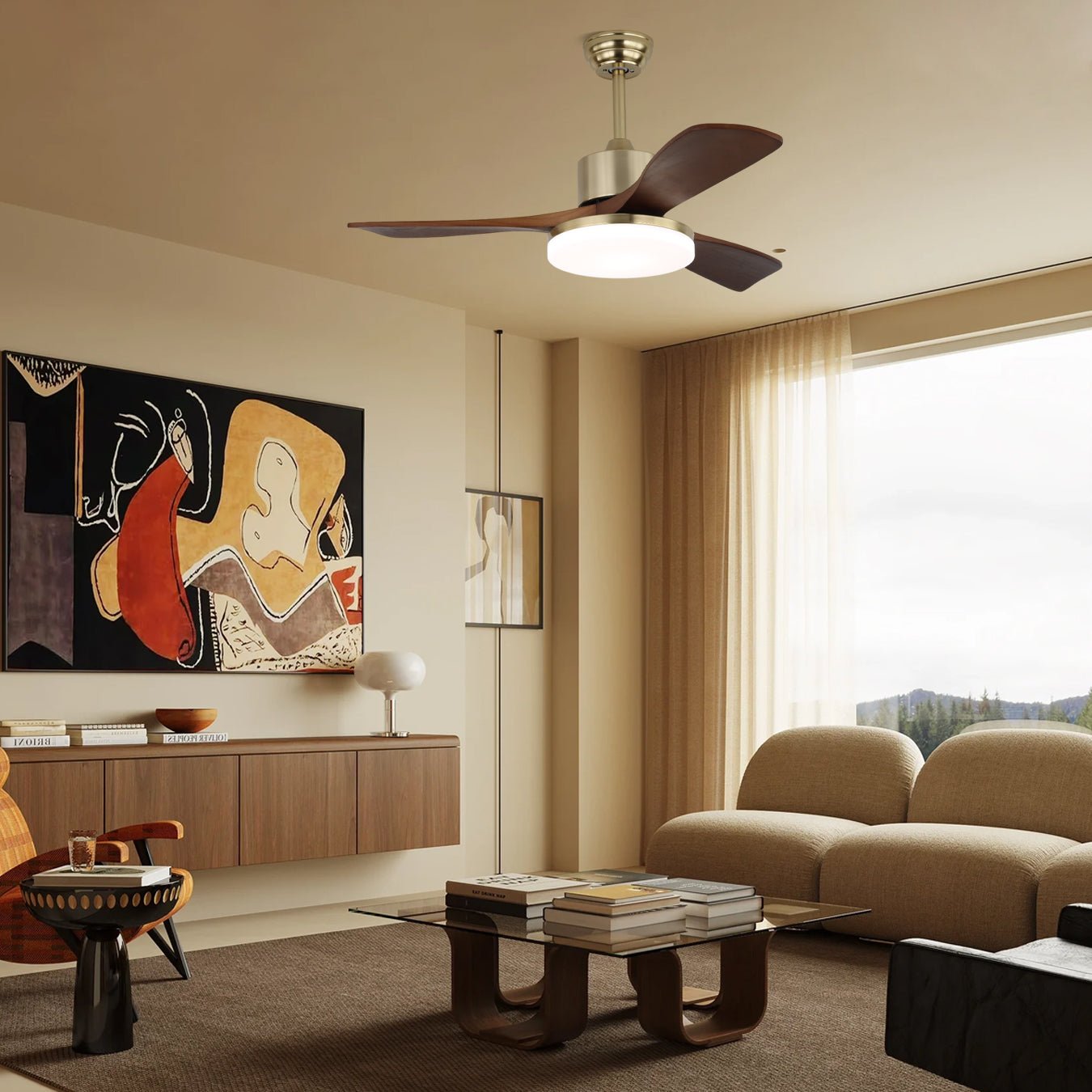 Ventilator de tavan Selora cu iluminare | Alamă și lemn | Design modern cu telecomandă | 6 viteze | LED de 48 W cu intensitate reglabilă | Ø106 cm sau Ø132 cm | Lampă de tavan de lux și sistem de răcire | Include telecomandă - Lamylie
