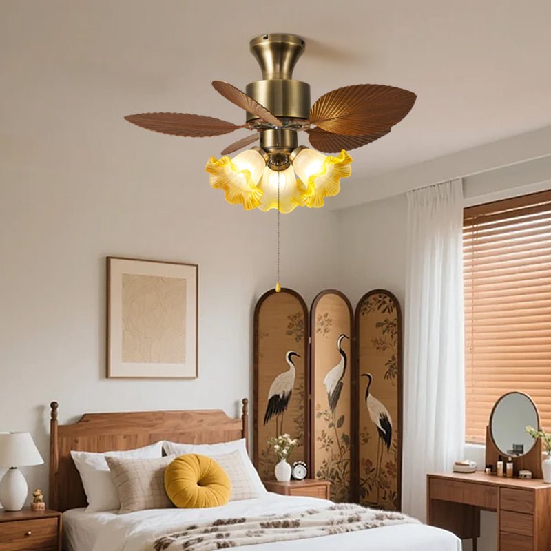 Stropní ventilátor s listovým vzorem a osvětlením | Nastavitelný vintage styl – Lamylie