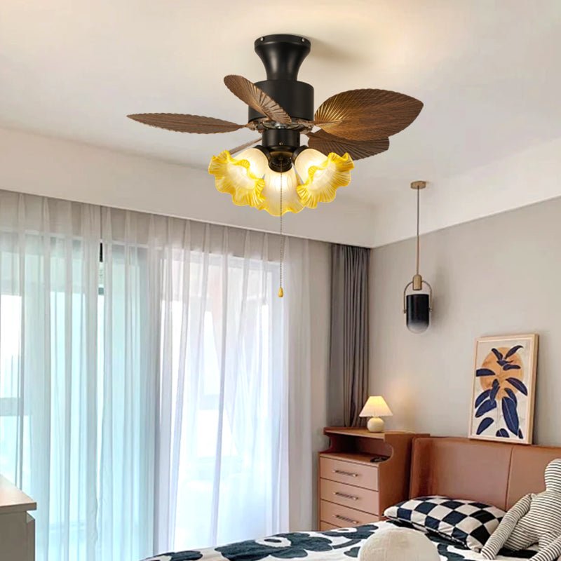 Stropní ventilátor s listovým vzorem a osvětlením | Nastavitelný vintage styl – Lamylie