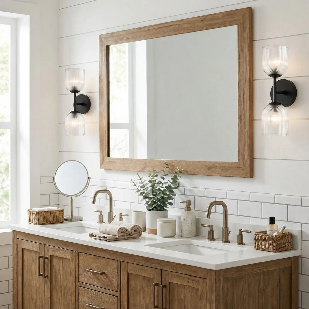 Candeeiro de parede com vidro canelado e acabamento em cobre para corredor, quarto e casa de banho – Lamylie